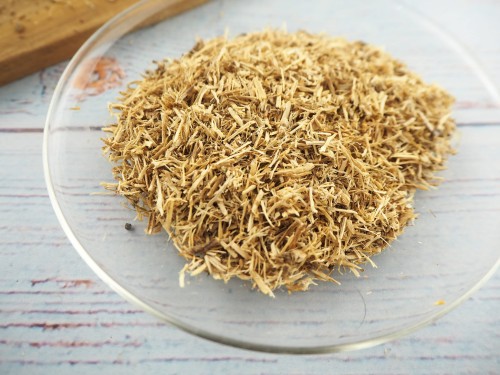 siberian ginseng, Eleutherococcus senticosus, cut roots in a bowl